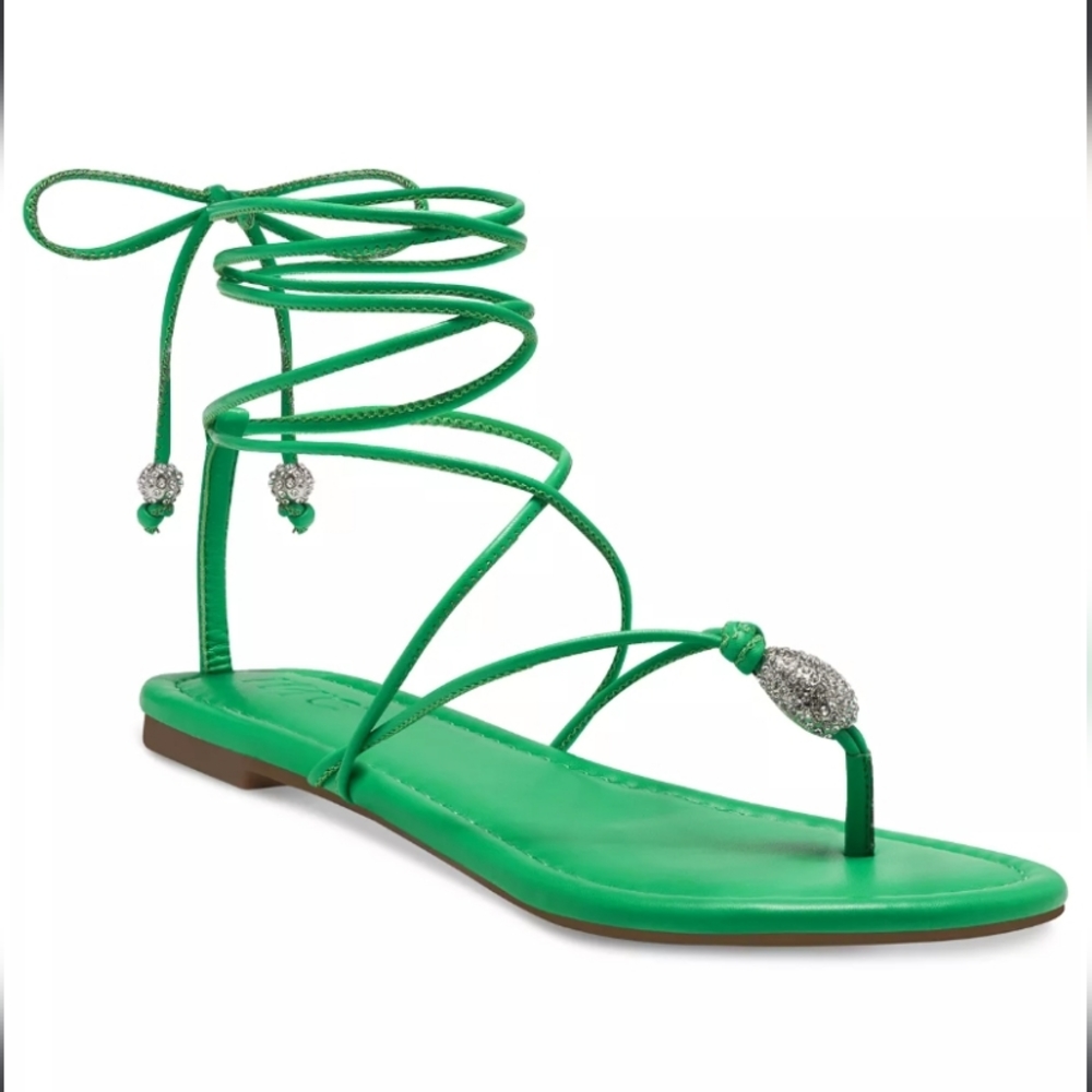 INC International Concepts Amille Tie-up Flat Sandals Green 8